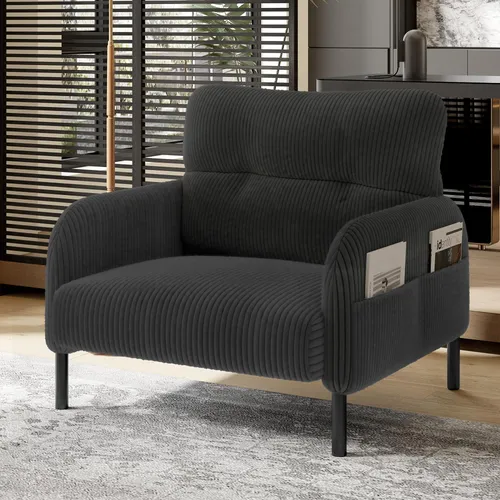 MODFU Relaxsessel Posterstuhl mit praktische Seitentasche,Loungesessel Einsitzer mit Armlehnen,Polstersessel aus Cord,Grau