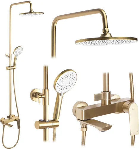 Rea Duschsystem AVALON GOLD BRUSH - Badewannen- & Duschsysteme mit gebürstetem Gold-Finish, Anti-Kalk Düsensystem und drei Funktionen für ein luxuriöses Duscherlebnis.