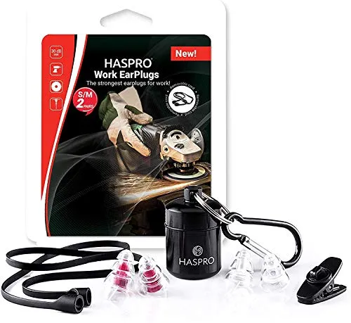 Haspro Arbeit – Ohrstöpsel für Arbeit, DIY-Ohrstöpsel, industrielle Umgebungen, hohe Dämpfung SNR 30 dB, weiches hypoallergenes Silikon, zwei Größen, Aluminium-Tragetasche, Clip und Sicherheitsschnur