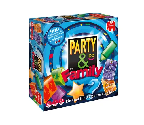 Jumbo Spiele Party & Co Family – Das ultimative Partyspiel für die ganze Familie - Gesellschaftsspiel für 4-20 Spieler ab 8 Jahren, kombiniert Zeichnen, Lippenlesen und mehr für stundenlangen Spielspaß. Perfekt für jede Party oder Familienfeier!