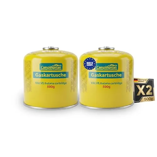 Campingman Gaskartusche 500g mit Schraubventil EN 417 – Universelle Butangas-Kartusche für Grill und Camping - Praktisches Set mit 2 Gaskartuschen (500g) für gängige Campingkocher und Grills. Hohe Sicherheit dank selbstdichtendem Ventil und kompakte Maße für einfachen Transport. Ideal für Outdoor-Aktivitäten und Notfälle.