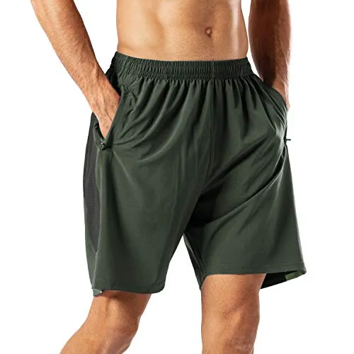 HMIYA Herren Sport Shorts Schnell Trocknend Kurze Hose mit Reißverschlusstasch (Armeegrün,XL)