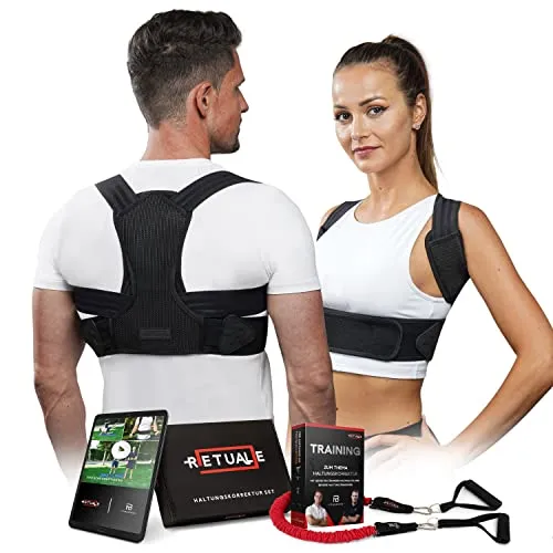 Retuale Haltungskorrektur für Männer und Frauen – 3-in-1 Rückenbegradiger und Rückenstütze für optimale Haltung mit verstellbarem Schultergurt, Premium Videokurs und einem extra Fitnessband