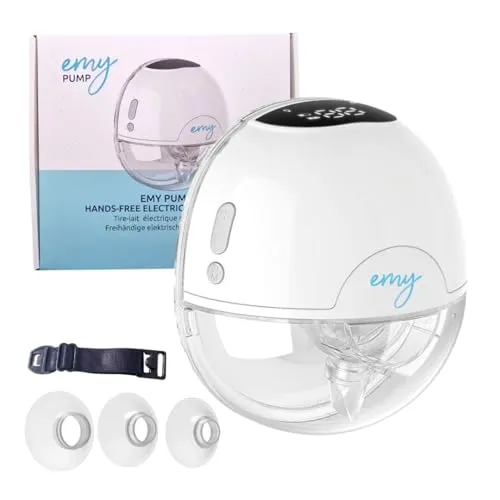 Emy Pump Freihändig tragbare Milchpumpe | Leise elektrische Milchpumpe | Inklusive 4 Brustschalen Größen | LED-Bildschirm mit 3 Modi und 9 Saugstufen | Wiederaufladbar | Lange Akkulaufzeit