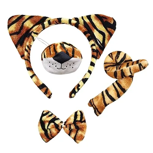 SKHAOVS 4 Stück Tiger Kostüm Set,Anzug mit Tigerohren, Schwanz, Nase und Fliege,Tierkostüm-Set,Tiger-Rollenspiel-Kostüm für Erwachsene Kinder Kindertagsspiele Karnevalsparty Cosplay (4 Stück)