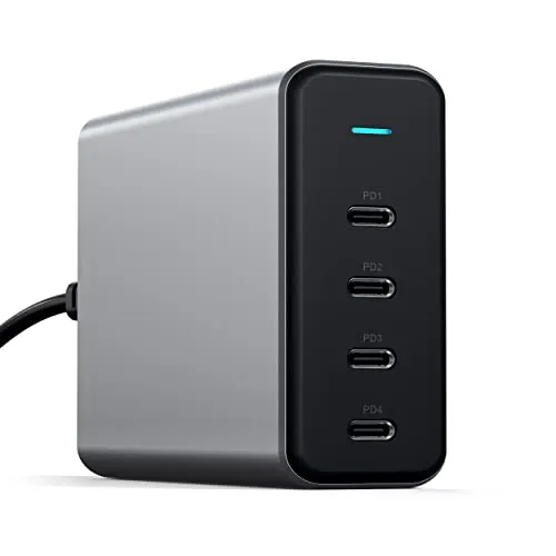 Satechi 165W USB-C 4-Port PD GaN Charger - Grau - Handy Ladegeräte mit Galliumnitrid (GaN)-Technologie, die bis zu vier Geräte gleichzeitig mit bis zu 165W auflädt – ideal für MacBook Pro und iPad Pro.
