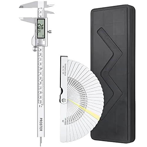 Proster Digitaler Messschieber 8 Zoll/200mm + 32 Fühlerlehre Schieblehre Edelstahl Elektronischer Meßschieber Zoll/Fraktionen/Metrisch Messschieber für Länge Breite Tiefe Innen-/ Außendurchmesser