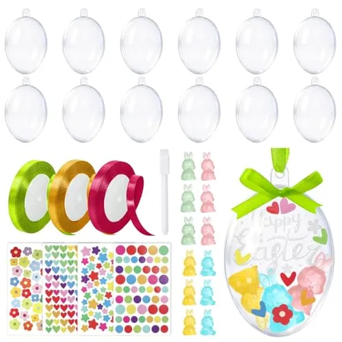 xinyids Plastik Ostereier Zum Bemalen Kit, 12 Stücke Transparent Ostereier Zum Aufhängen & 12 fluoreszierenden Häschen-Figuren, 4 Aufkleber-Bögen, 3 Farben Bänder & 1 Stift, DIY Ein ostergeschenk