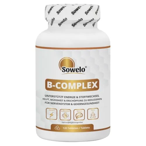 Vitamin B-Komplex, alle 8 B-Vitamine, 120 Tabletten, Sowelo | Mit Cholin & Inositol – B-Vitamine tragen zu einem normalen Energiestoffwechsel bei – hergestellt in der EU