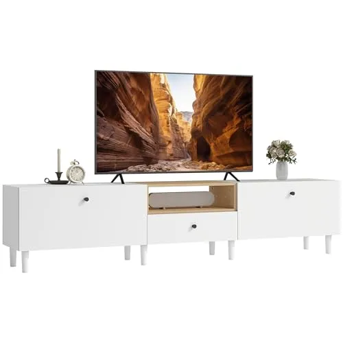 HOMCOM TV Schrank TV Board für Fernseher bis zu 90 Zoll 200 cm TV Lowboard mit 2 Klapptüren, Schublade, Soft-Close-Scharnieren Fernsehtisch für Wohnzimmer Weiß