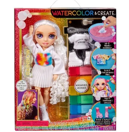 Rainbow High Watercolour Create DIY Modepuppe - Lila Augen, Lockenhaar, extra Top Schuhe, kreatives Batikset mit auswaschbaren Wasserfarben für endlosen Malspaß