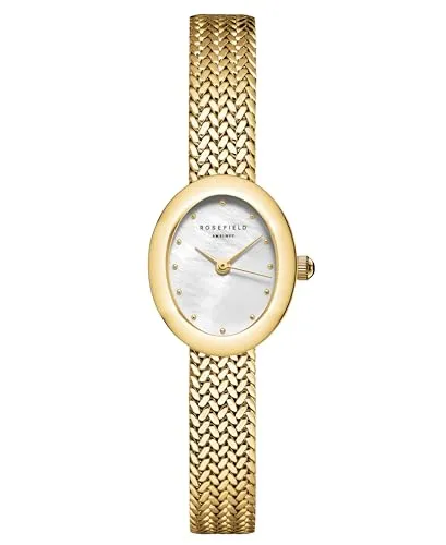 Rosefield Minis Damenuhr MWGMG-M02 - Elegante Armbanduhr mit goldfarbenem Edelstahlgehäuse und perlmuttfarbener Zifferblatt. Wasserdicht bis 30 Meter – ideal für stilbewusste Frauen im Alltag.