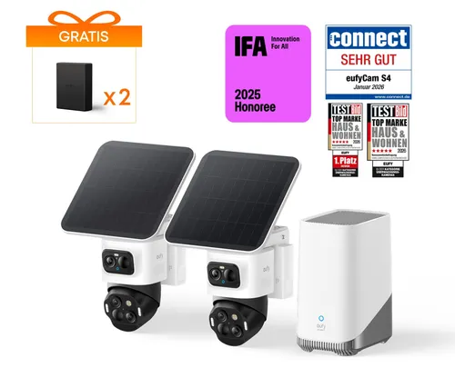 eufyCam S4 Starter-Set 2+1 - Sicherheitskamera mit HomeBase 3 - Sicherheits-Starter-Set für Dein Smart Home mit 4K Dual-Kamera, Solarpanel für dauerhafte Energie und KI-Tracking. Verbinde bis zu 16 Geräte für umfassenden Schutz.
