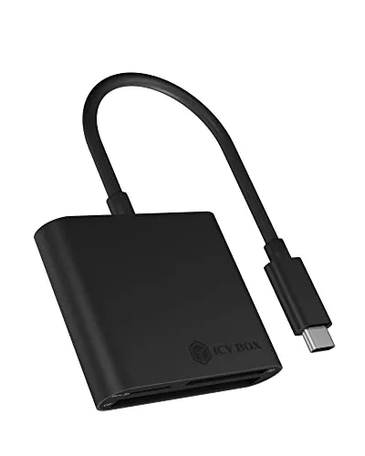 ICY BOX 60649 BOX SD Card Reader mit USB-C, USB 3 Kartenleser für SD, micro SD oder CF, integriertes Kabel, Aluminium, Schwarz