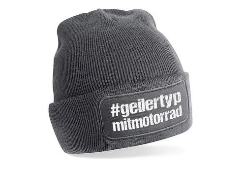 Herzbotschaft Beanie Strickmütze mit Spruch #geilertypmitmotorrad (Mütze mit Aufdruck, Skimütze) Unisex SoftTouch angenehm weiche und warme Wintermütze Einheitsgröße