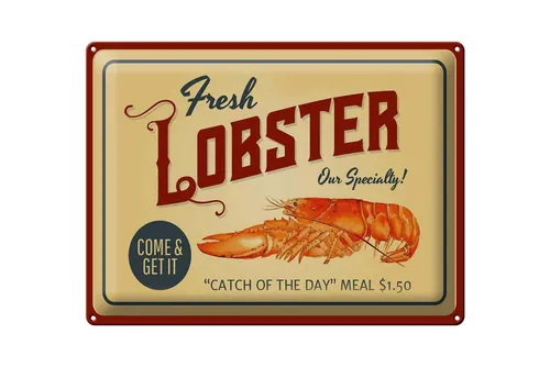 Femer GmbH Metallschild Reklame 30x40 cm Fresh Lobster Retro, (1 St), gewölbte Oberfläche, abgerundete Ecken, umgeschlagene Kanten