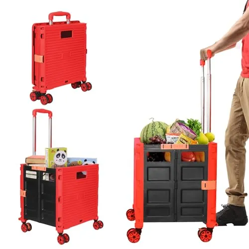 Einkaufstrolley, Klappbar Transport Trolley, Shopping Cart, Trolley mit Deckel, Faltbar Einkaufstrolley Einkaufswagen Faltbox Rot, bis 50kg, Teleskopgriff Ausziehgriff Aluminium Kunststoff