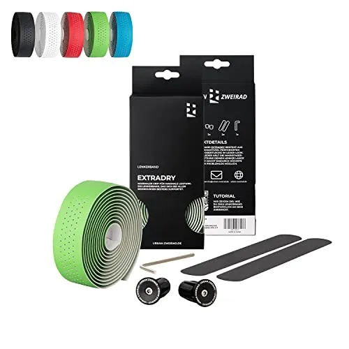 URBAN ZWEIRAD Premium Extra Dry - Fahrrad Lenkerband Rennrad - Griffband selbstklebend inkl. Alu Lenkerstopfen - Gravel, Rennrad Lenkerband (grün)