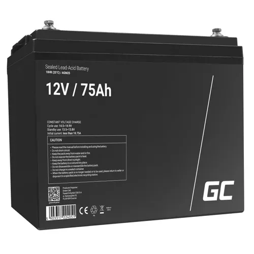 GC AGM25 75AH - Wartungsfreier Blei-Vlies-Akku - Blei-Vlies-Akku 12V 75Ah, ideal für Camping und Solar-Anwendungen. Wartungsfrei mit über 5 Jahren Lebensdauer und sicherem Betrieb in jeder Position.