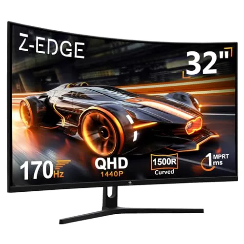 Z-Edge 32 Zoll QHD Curved Gaming Monitor 170Hz 1ms MPRT 2K 2560x1440 16:9 VA 1500R Curved Bildschirm, 280cd/m² Helligkeit, FreeSync, DisplayPort (170Hz) & HDMI (144Hz), Schwarz