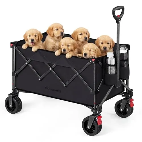 SONGMICS Handwagen faltbar, Bollerwagen, 150 L, bis 150 kg belastbar, Gartenwagen, Campingwagen mit Griff, 4 abnehmbaren Rollen, platzsparend, Outdoor, Garten, tintenschwarz GFW115B01