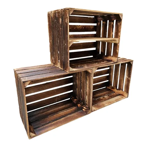 Obstkisten Weinkisten Holz Vintage 50 x 40 x 30cm Geflammt 3er Set Regal Lang