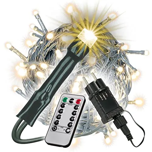 LED Lichterkette warmweiß mit 8 Funktionen und Fernbedienung Trafo Timer Innen Außen grünes Kabel Weihnachtsdeko Weihnachtsbeleuchtung (200 LED)