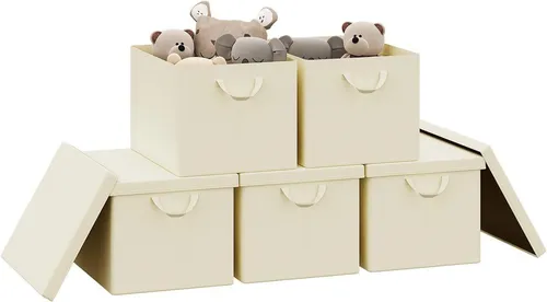 Woltu Aufbewahrungsbox Set (5 St.), faltbar mit Deckel und Griffen - Aufbewahrungsboxen in elegantem Grau, faltbar und platzsparend, ideal für die Aufbewahrung von Kleidung und Spielzeug, schützt vor Staub und Feuchtigkeit.