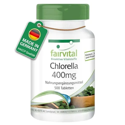 Fairvital | Chlorella Tabletten 400mg - 500 Tabletten - HOCHDOSIERT - 100% Chlorella-Algenpulver (Chlorella vulgaris) - VEGAN