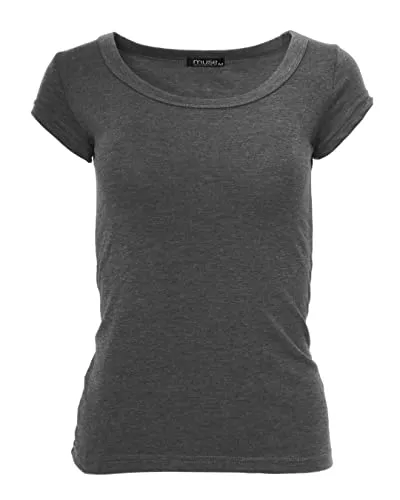 Easy Young Fashion - Damen Basic Rundhals T-Shirt - Kurzarm Unterziehshirt Skinny Fit 1001 - Dunkelgrau M