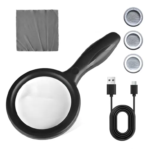 Groß Lupe mit Licht, Leselupe mit Licht für Senioren, 2 Fach 13 Fach Beleuchtete Lupe mit 33 LEDs, USB Wiederaufladbar, HandLupe für Senioren, Kinder, Juwelier, Hobbies (Schwarz)