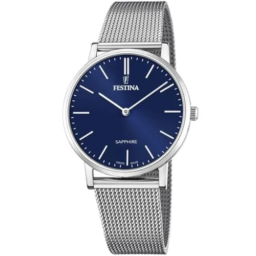 Festina Herren Uhr F20014/2 - Swiss Made Edelstahl - Elegante Armbanduhr für Herren mit blauem Zifferblatt und 5 bar Wasserdichtigkeit, ideal für jeden Anlass.