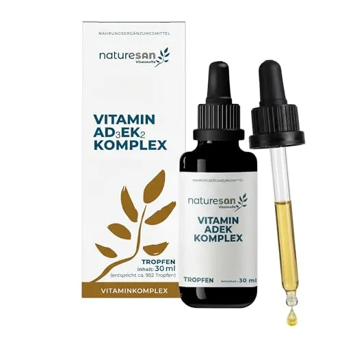Naturesan Vitamin ADEK Tropfen hochdosiert – Premium A, D3, E, K2 Komplex – Immunsystem, Knochen & Sehkraft – 952 Tropfen für ca. 10 Monate – glutenfrei, laktosefrei, allergenfrei – 30 ml Miron-Glas