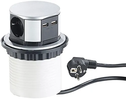 revolt Versenkbare Einbau-Tisch-Steckdose mit USB - Praktische 3-fach Steckdose mit 2x USB-Anschlüssen, ideal für den modernen Arbeitsplatz. Einbau in Tisch oder Küchenoberfläche für mehr Komfort und Ordnung.