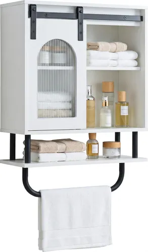 COSTWAY Badezimmerschrank hängend, Badschrank mit Handtuchhalter & Ablage, Hängeschrank Wandschrank Holz, Medizinschrank mit Schiebetür, Weiß