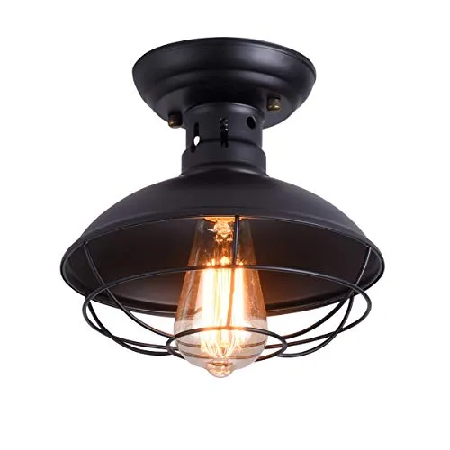 Qcyuui Rustikale Deckenleuchte Schwarz, E27 Pendelleuchte Semi Flush montiert mit industriellem Metallkäfig, Deckenleuchte im Landhausstil für Flur Treppe Foyer Küche Veranda Eingang