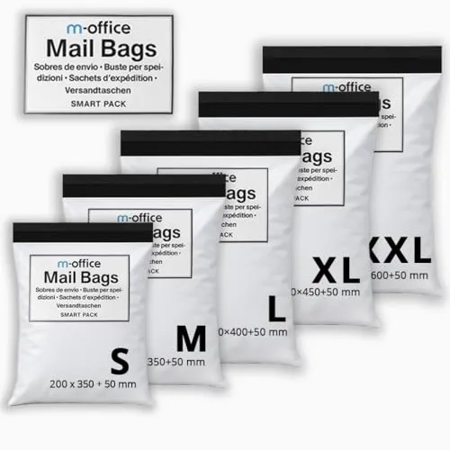 M-office Versandtaschen Selbstklebend 25 Stk Mix 5 Größen (S bis XXL) Versandtaschen wasserdicht selbstklebend für Kleidung, Pakete & Online-Shops – Recycelbar mit sicherem Verschluss