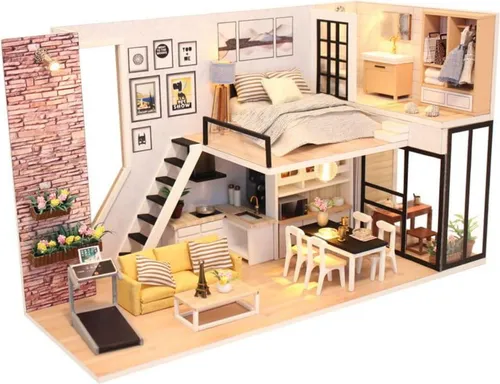 Habarri | Miniaturhaus - DIY-Puppenhaus - Holzhaus mit Möbeln und LED-Beleuchtung - Geschenk für Kinder - Loft in Manhattan