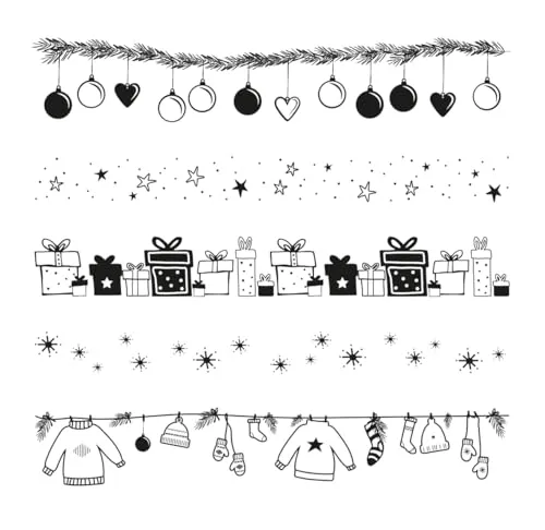 Rayher Clear Stamps “Weihnachtsbordüren“, Bogengröße 102,5 x 97 mm, 5 Motive, transparente Stempel weihnachtliche Bordüren, durchsichtige, klare Silikonstempel, 50299000