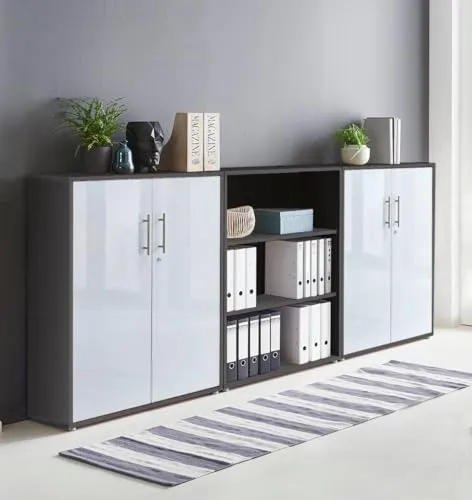 Schrankwand TABOR 9 Büroregal Aktenschrank Büroschrank abschließbar in diversen Farbvarianten (anthrazit/weiß Hochglanz, 4-türig)