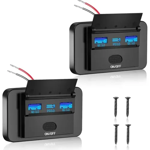 Intckwan 12V USB-Steckdose, 72W, Dreiport-Ladegerät mit simultaner Schnellladung (2xQC3.0 + PD) und EIN-/Ausschalter, USB-Einbaubuchse für 12–24V Auto, LKW, Boote, Wohnwagen (2 Stück)