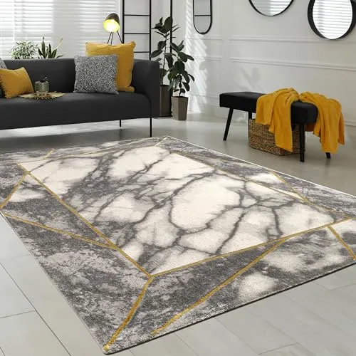 Paco Home Teppich Wohnzimmer Kurzflor Marmor Design Grau Gold 120x170 cm - Teppich mit elegantem Marmor Design, robust und pflegeleicht, ideal für Fußbodenheizung bis 24 Grad.