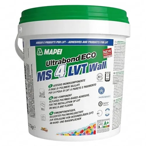Mapei Ultrabond Eco MS 4 LVT Wall & Floor 1K-Hybridklebstoff 7 kg - Fugenmörtel für LVT Vinylplatten, hochgradig griffig und flexibel, ideal für starke Sonneneinstrahlung und Wasserbelastung, allergikerfreundlich und leicht aufzutragen.