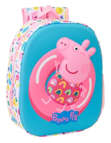PEPPA PIG 3D Schulrucksack, mit 3D-Design, anpassbar an den Wagen, ideal für Kinder verschiedener Altersgruppen, bequem und vielseitig, Qualität und Widerstandsfähigkeit, 27 x 10 x 33 cm, Weiß/Rosa