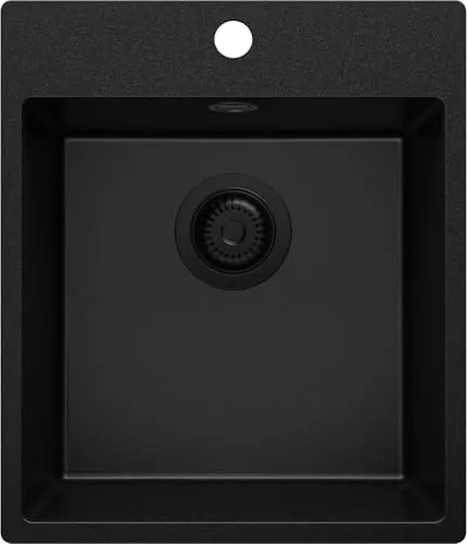 PRIMAGRAN Spülbecken Alles Schwarz 43x50cm, Granitspüle 1 Becken + Ablauf-Set, Küchenspüle ab 45er Unterschrank - Riga S076