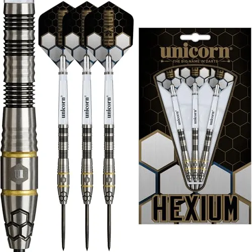 Unicorn Hexium Style 1 | 90% Tungsten Black Bomb/Spring Onion Front-Loaded Barrels with Gold Rings | Steel Tip Darts Set | Durable Stunning Ultrafly Flights | Noir Black Volute Points | 24g