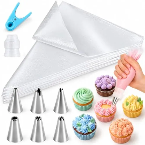 HAKACC 100 Stück Einweg Spritzbeutel Set, 30×20cm Spritztüten mit 6 Tüllen | Reißfeste einwegspritzbeutel für Sahne, Cremes & Zuckerglasur, für zum Kuchen, Cupcakes & Weihnachtsplätzchen Dekorieren