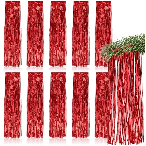 com-four® 10x Lametta Girlande für Weihnachten - Christbaumschmuck für den Tannenbaum - Vorhang Mit Glatten Fäden (Rot - 10 Stück)
