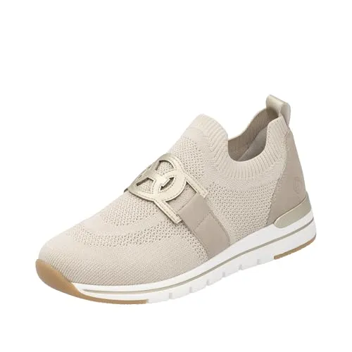 Slip-On Sneaker REMONTE für Damen in hellbeige - Sportliche Slip-On Sneaker aus Textil und Lederimitat mit Gummizug am Schaftrand für einfachen Einstieg und Softfußbett für hohen Tragekomfort. Ideal für Freizeitaktivitäten.