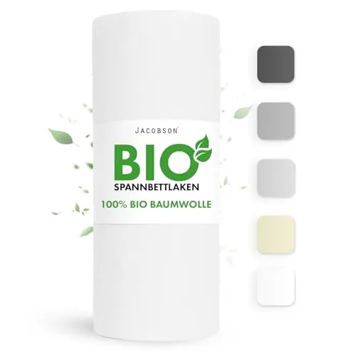 Jacobson Bio Spannbettlaken 180x200cm Baumwolle Spannbettlaken, GOTS zertifiziertes Bettlaken, 160g/m² Jersey Spannbetttuch (180x200, Weiß)